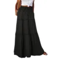 Zwarte lange rok met gelaagde volant, hoge taille met elastisch trekkoord en mooie details. - S / Bottoms / Zwart