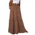 Women bohemian high waist tiered maxi skirt casual drawstring long skirt brown skirt - Brown