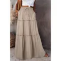 High waist tiered maxi skirt for women, casual long boho skirt with drawstring ruffles. - Apricot