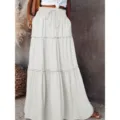 White tiered maxi skirt, high waist elastic drawstring boho long skirt for women. - White