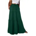 Dark green tiered maxi skirt for women, featuring a high elastic waist and drawstring design. - Green