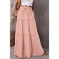 Pink High Waist Tiered Maxi Skirt with Drawstring Ruffle Boho Long Skirt for Women - Nude Pink