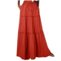 High waist tiered maxi skirt in brick red, comfortable elastic drawstring and ruffled design. - Orange