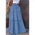 Blue tiered maxi skirt for women, high waist elastic drawstring ruffled long boho skirts. - Denim Blue
