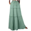 Green tiered maxi skirt for women featuring high waist, elastic drawstring and cute ruffles. - Bean Green