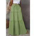 Women high waist tiered maxi skirt casual boho long pleated ruffle green skirt summer - Grass Green