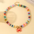 Hermoso collar de cuentas de colores dopamina con colgante de cangrejo rojo, joya retro de moda. - Estilo de Cuentas Ábaco / Cangrejo de Colores