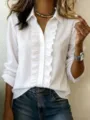 Women Casual White Long Sleeve Ruffle Placket Shirt Fashion Autumn Loose Blouse Top - S / Tops / White