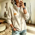 Women casual stand-up collar full zip fleece jacket with leather patch autumn winter outerwear - S / Tops / White