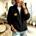 Women black fleece zip up jacket casual stand collar outerwear with chest leather patch - S / Tops / Black
