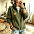 Women's full-zip fleece jacket stand-up collar casual outerwear with pocket and square leather patch. - S / Tops / Green