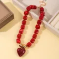 Collar exagerado de cuentas cuadradas de resina roja con dije de corazón joyería mujer - Estilo Corazón / Cuenta Cúbica Rojo Vino