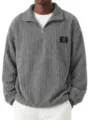 Men's grey corduroy quarter-zip sweatshirt stand collar retro long sleeve casual pullover top - S / Tops / Gray