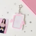 Acrylic photocard holder 3 inch Kpop photocard protector with star keychain pink cute design - Pink White