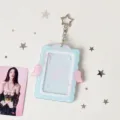 Acrylic photocard holder detail shot, cute angel wings design for 3 inch polaroid and id photos. - Blue