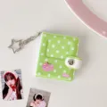 Korean style mini polka dot photocard holder album with star keychain and snap button. - Green