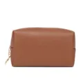 Brown PU leather cosmetic bag with crosshatch texture and gold zipper pull for daily travel use. - Coffee
