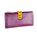 Cartera larga de cuero morado para mujer con cierre de botón a presión amarillo y cremallera. - Púrpura