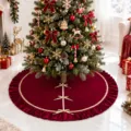 Red velvet Christmas tree skirt 120cm with gold trim bows for holiday home party decor. - 120cm / Burgundy