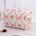 Quilted cosmetic bag with pink bow and rose floral pattern, large capacity travel storage pouch. - Pink Bowknot