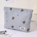 Cute corduroy makeup bag with bear pattern large capacity portable cosmetic storage pouch. - Light Blue