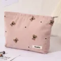 Pink corduroy cosmetic bag with cute bear pattern, large capacity portable storage pouch for daily use. - Pink