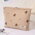 Corduroy cute bear makeup bag large capacity portable zipper storage pouch for women daily use - Khaki
