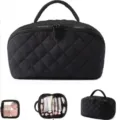 Black quilted travel cosmetic bag with handle, large capacity makeup storage organizer. - Black
