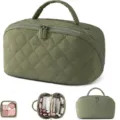 Quilted green cosmetic travel bag detail view showcasing large capacity and multi compartments - Olive Green
