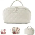Quilted cosmetic bag large capacity portable travel makeup organizer storage bag with handle. - Apricot