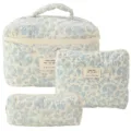 Cute quilted floral makeup bag set, large capacity portable cosmetic storage pouch organizer. - Three-Piece Set / White Base Blue Orchid