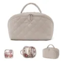 Beige quilted cosmetic bag with handle, large capacity multi-compartment travel storage. - Khaki