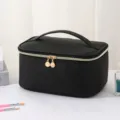 Large capacity black woven cosmetic bag, portable travel toiletry organizer for daily makeup. - Elegant Black