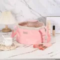 Pink lazy drawstring cosmetic bag, large capacity portable travel makeup storage pouch. - Pink