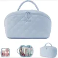Large capacity quilted travel cosmetic bag portable makeup pouch with handle for women - Light Blue