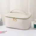Large capacity white woven cosmetic bag portable travel makeup storage pouch with handle. - Pearl White