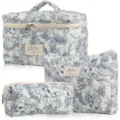 3-piece quilted cosmetic bag set, elegant blue floral travel makeup pouch with handle. - Three-Piece Set / Navy Blue Floral
