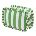 Green and white striped cosmetic bag with cute ruffle edges, large capacity travel storage pouch. - Green & Beige Stripes