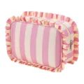 Pink striped makeup bag with cute ruffles cosmetic pouch travel portable toiletry storage bag - Pink Beige Stripes