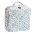 Blue floral quilted cosmetic bag, portable travel makeup storage organizer with top handle. - White Base Blue Orchid