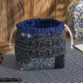 Vintage Chinese patchwork drawstring storage bag, quilted cotton travel makeup pouch. - Indigo Pattern