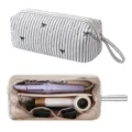 Borsa porta asciugacapelli trapuntata a righe con fiocco organizer da viaggio utile - Bianco Latte Farfalla Nera