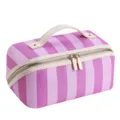 Pink striped cosmetic bag, large capacity portable makeup storage pouch with handle and zippers. - Rose Red And Pink Striped