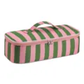 Striped portable hair dryer storage bag with handle and dual zippers for styling tools. - Green and Pink Stripes