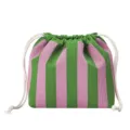 Green and pink striped drawstring cosmetic bag, portable travel makeup pouch and toiletry organizer. - Pink and Green Striped