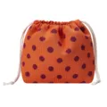 Orange and purple polka dot knitted drawstring pouch bag for daily travel cosmetic storage. - Orange with Dark Red Dots