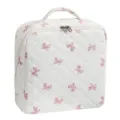 Quilted cosmetic bag with pink bow pattern, portable travel makeup storage pouch with double zippers. - Korean Bow