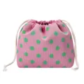 Pink knitted drawstring makeup bag with green polka dots, portable travel cosmetic pouch. - Pink with Green Dots