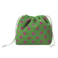 Green polka dot drawstring pouch, portable travel makeup storage bag and cosmetic organizer. - Green with Rose Dots
