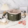 Portable drawstring cosmetic bag, large capacity travel makeup pouch in dark green. - Olive Green